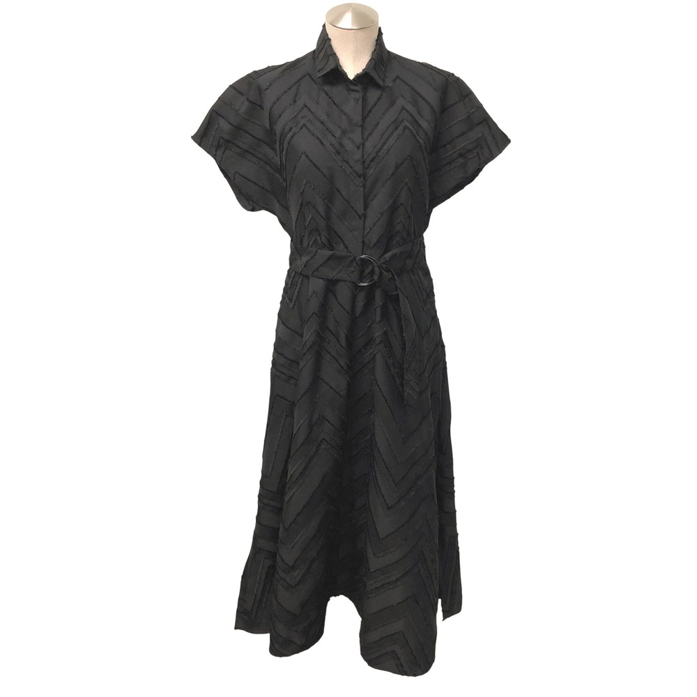 Akris Punto Dress Womens 6 Black Textured Chevron Frayed Belted Midi Snap Front
